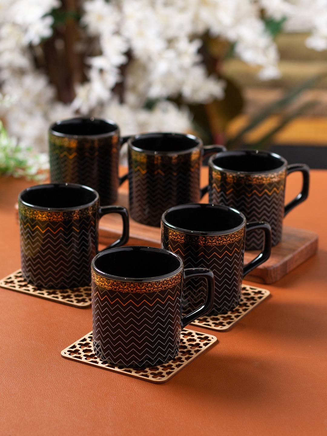 

CLAY CRAFT Black & Gold-toned 6 Pieces Printed Ceramic Glossy Cups 220ml each