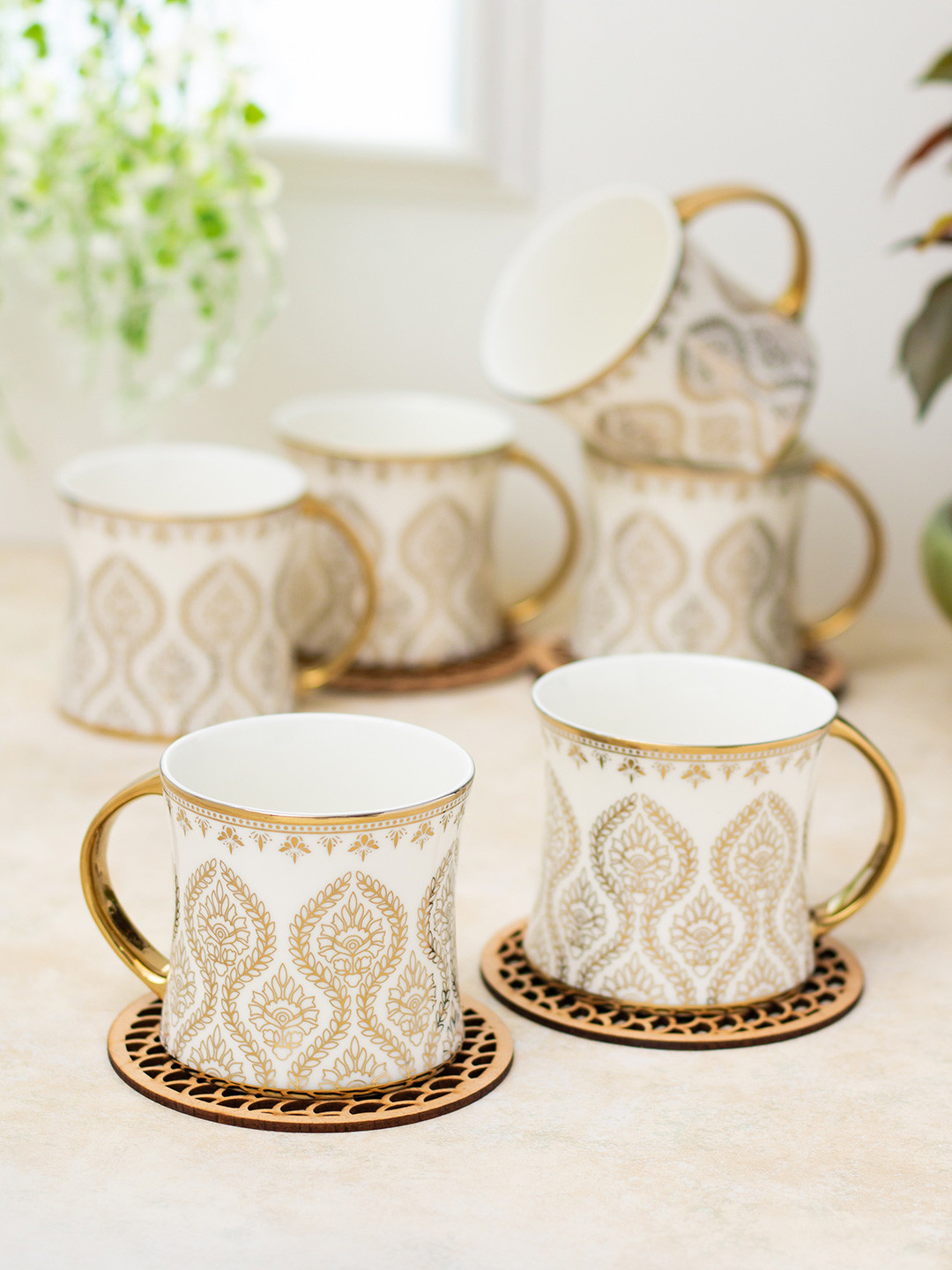 

CLAY CRAFT White & Brown 6 Pieces Printed Ceramic Glossy Cups 220ml