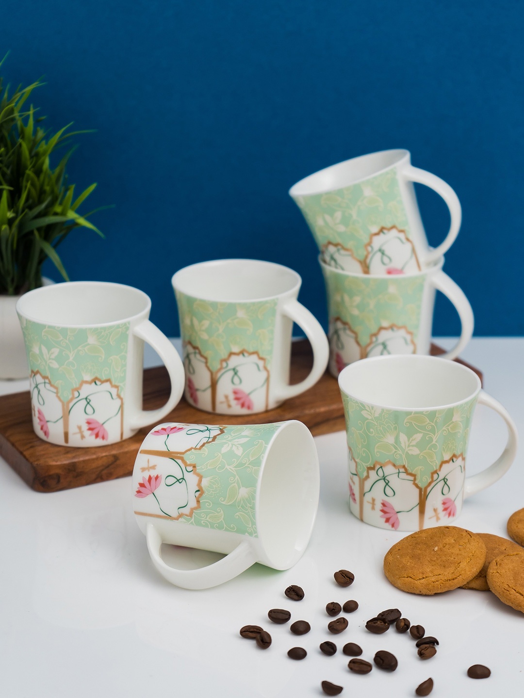 

CLAY CRAFT White & Green 6 Pieces Printed Ceramic Glossy Cups 200ml