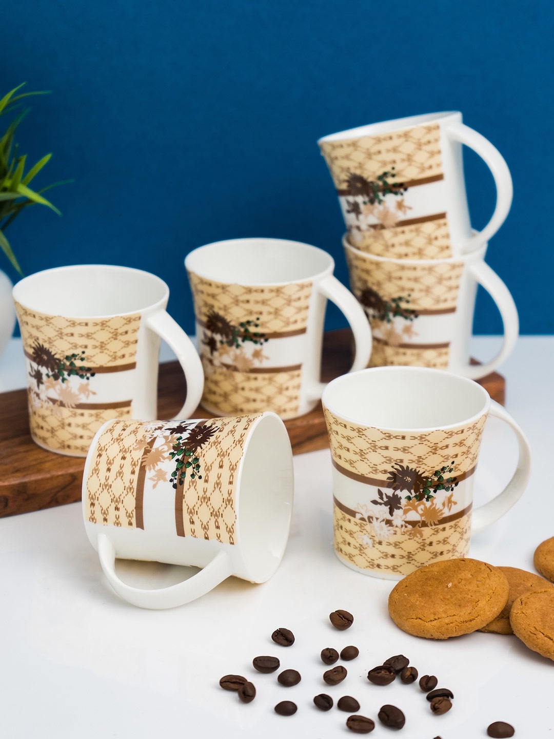 

CLAY CRAFT White & Beige 6 Pieces Printed Ceramic Glossy Cups 200ml each