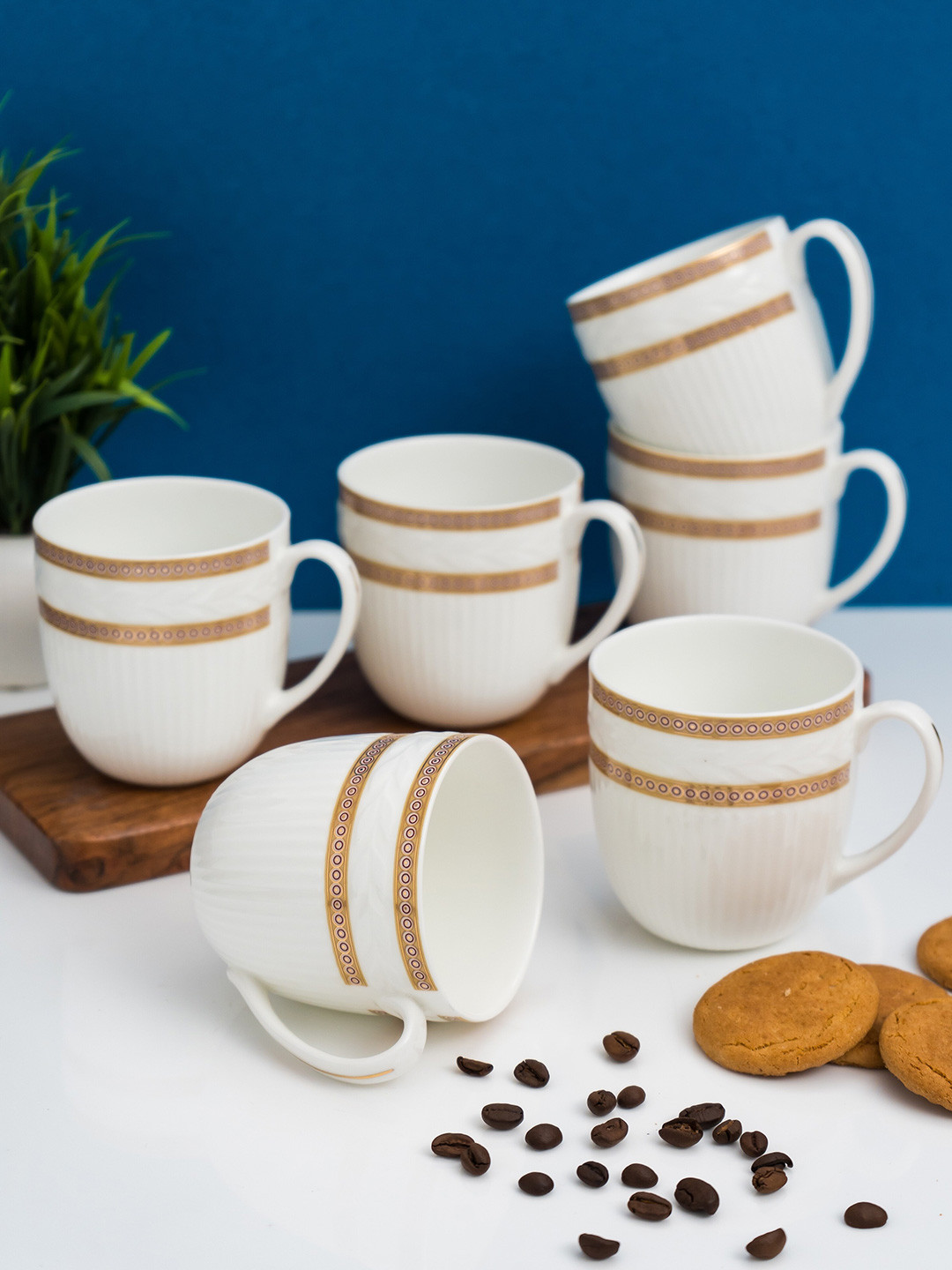 

CLAY CRAFT White & Gold-Toned 6 Pieces Printed Ceramic Glossy Cups 200 ml Each