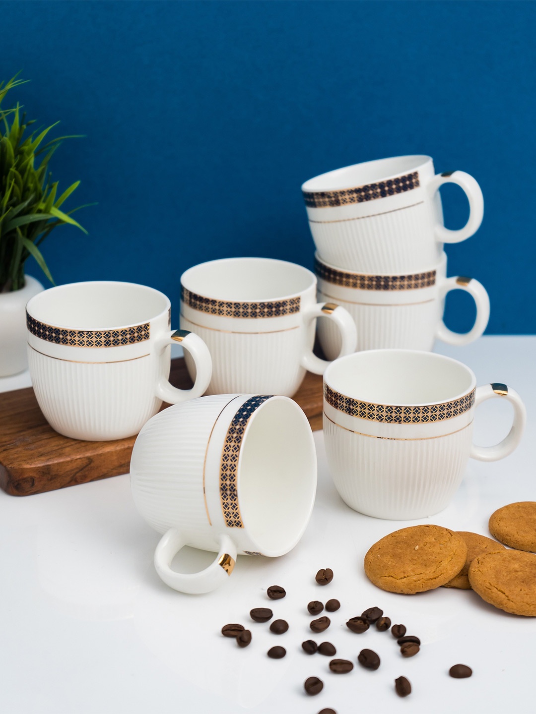 

CLAY CRAFT White & Gold-Toned 6 Pieces Printed Ceramic Glossy Cups 200 ml Each