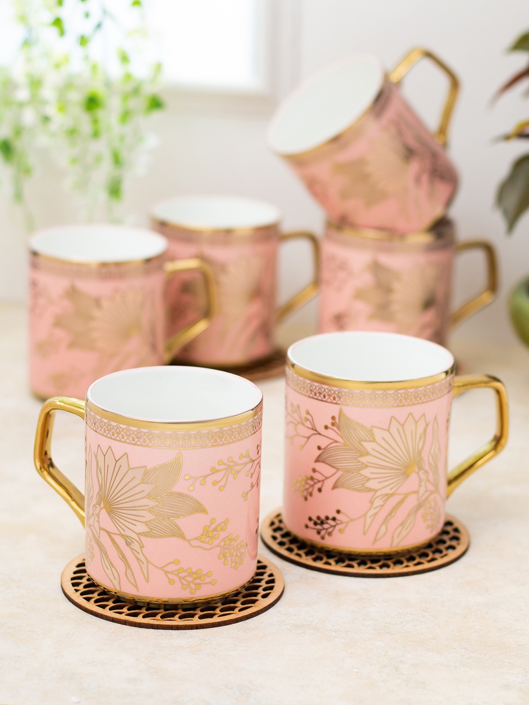 

CLAY CRAFT White & Pink 6 Pieces Floral Printed Ceramic Glossy Cups 200 ml Each