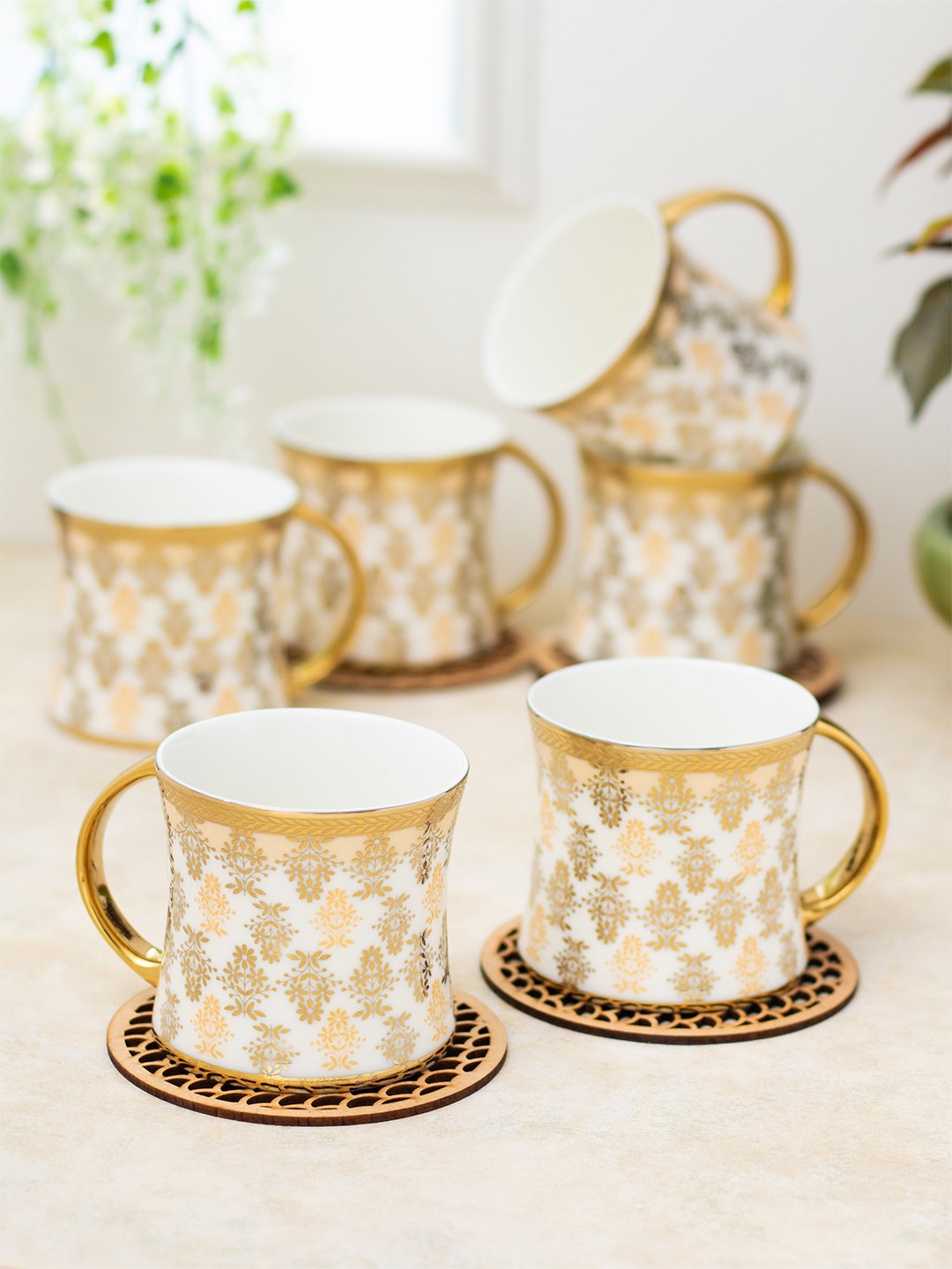 

CLAY CRAFT White & Gold-Toned 6 Pieces Printed Ceramic Glossy Cups 220 ml Each
