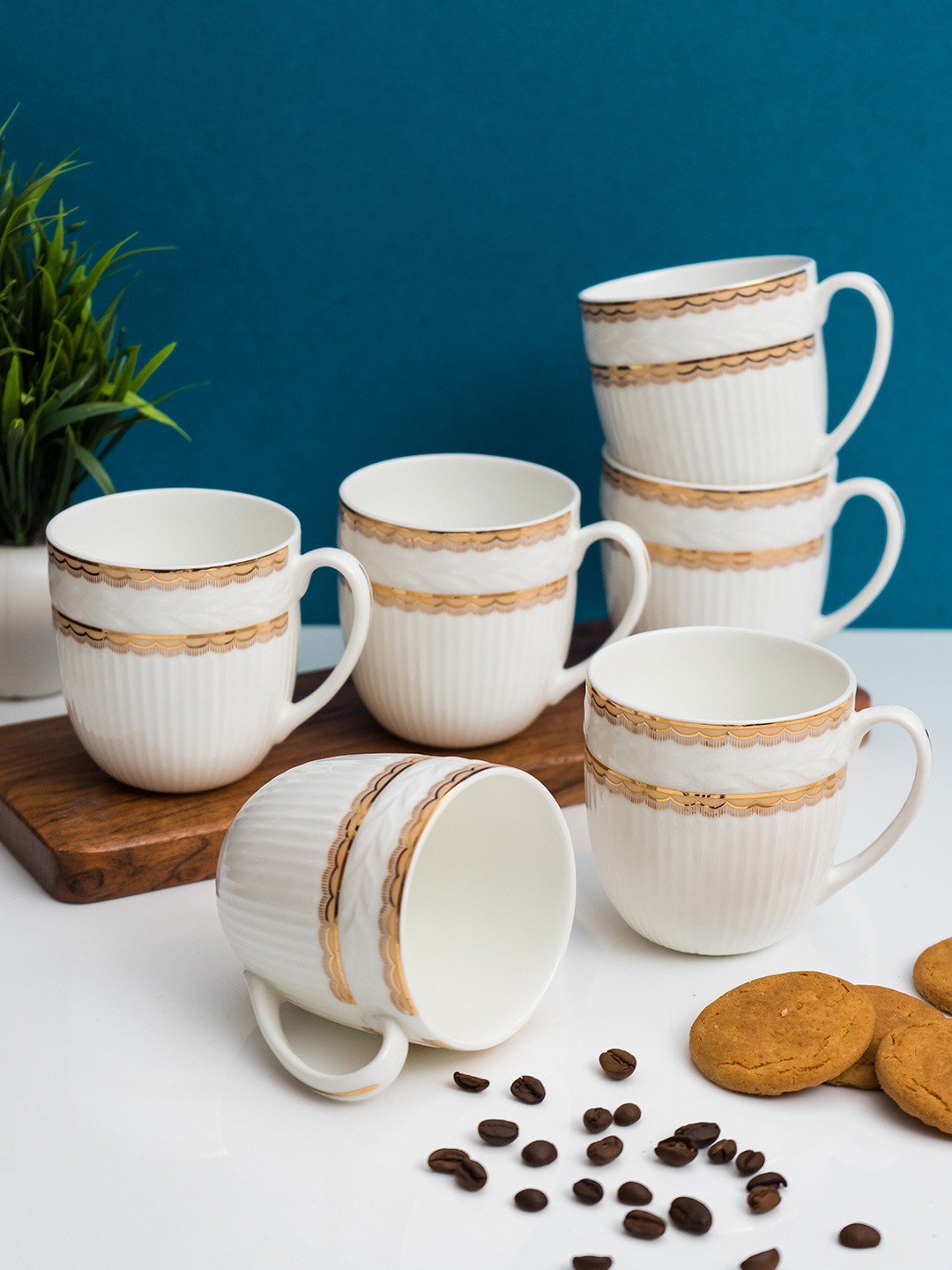 

CLAY CRAFT White & Gold-Toned 6 Pieces Printed Ceramic Glossy Cups 200 ml Each