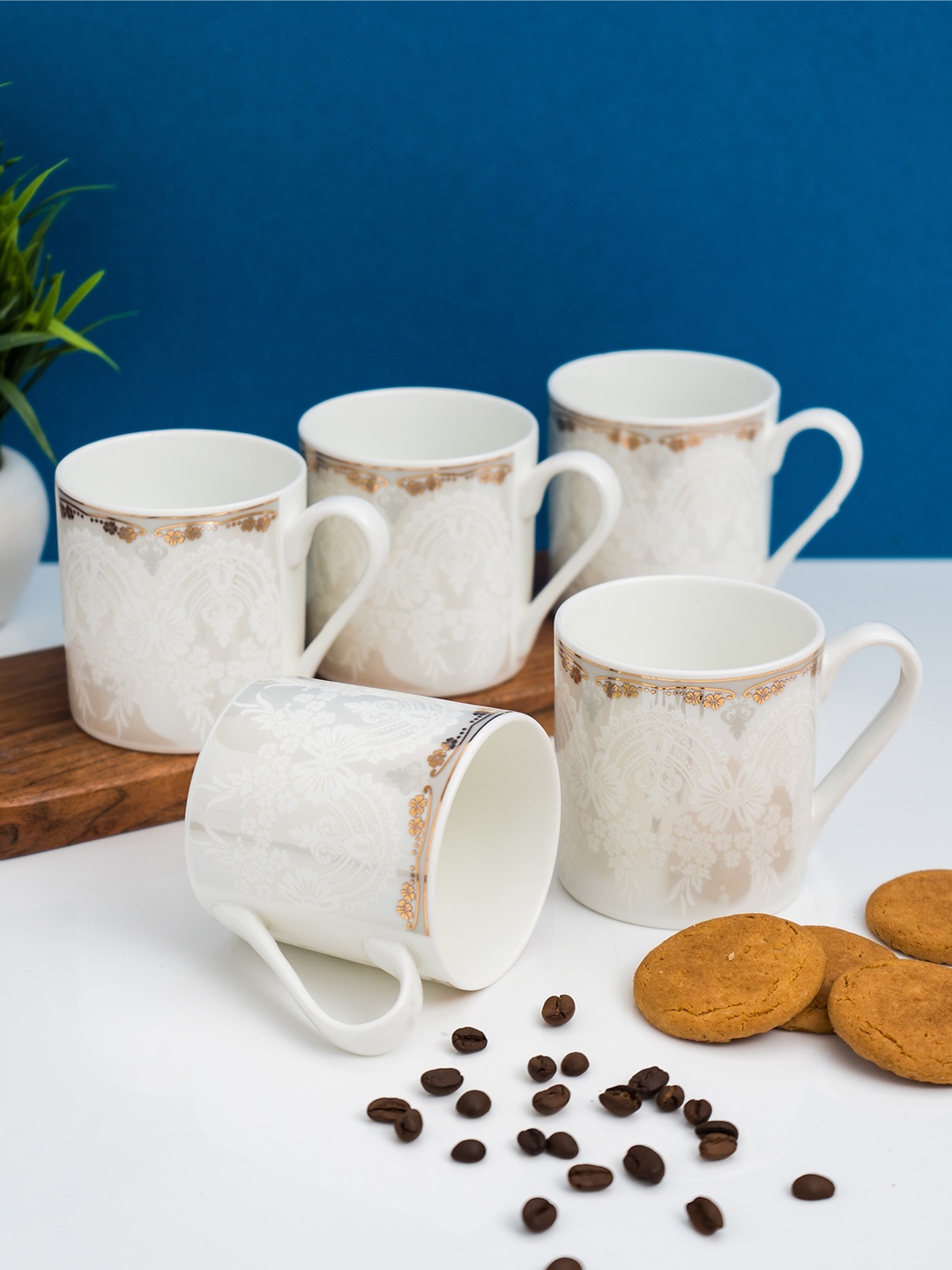 

CLAY CRAFT White & Gold-Toned 6 Pieces Printed Ceramic Glossy Cups 220 ml Each