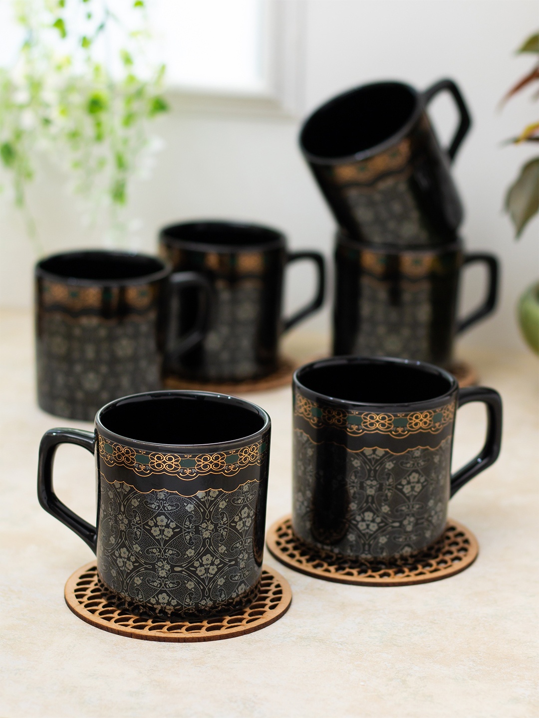 

CLAY CRAFT Black & Gold Toned 6 Pieces Floral Printed Ceramic Tea Cups 220ml