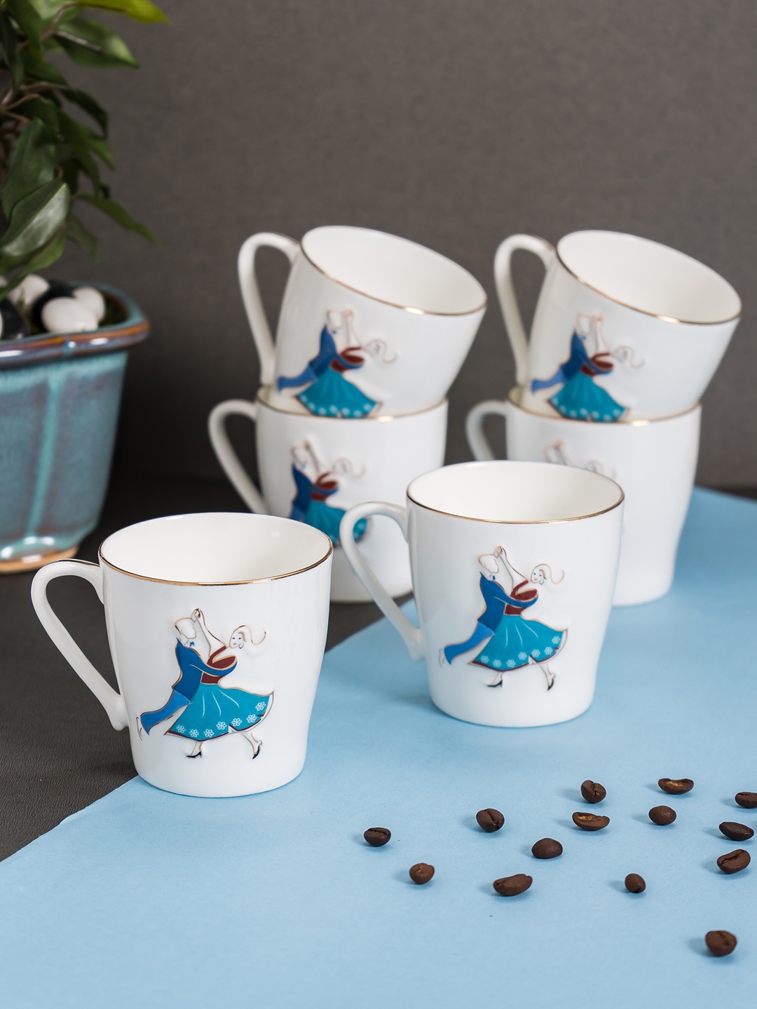 

CLAY CRAFT White & Blue 6 Pieces Printed Ceramic Glossy Cups 200 ml Each