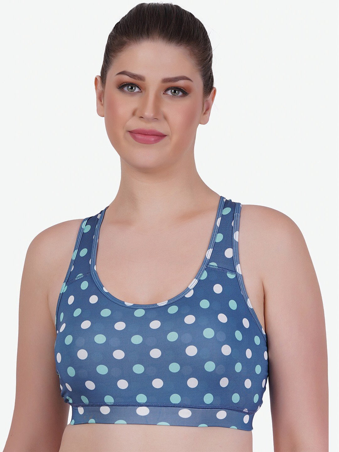 

Reveira Polka Dots Printed Medium Coverage Dry Fit Workout Bra With All Day Comfort, Blue