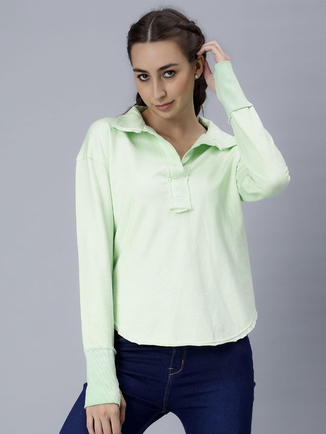 

Pritla Knitted Half Placket Spread Collar Cotton Casual Shirt, Green