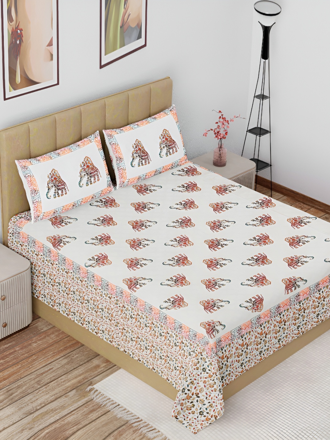

The Craft Monk White & Orange Cotton 180 TC King Bedsheet with 2 Pillow Covers