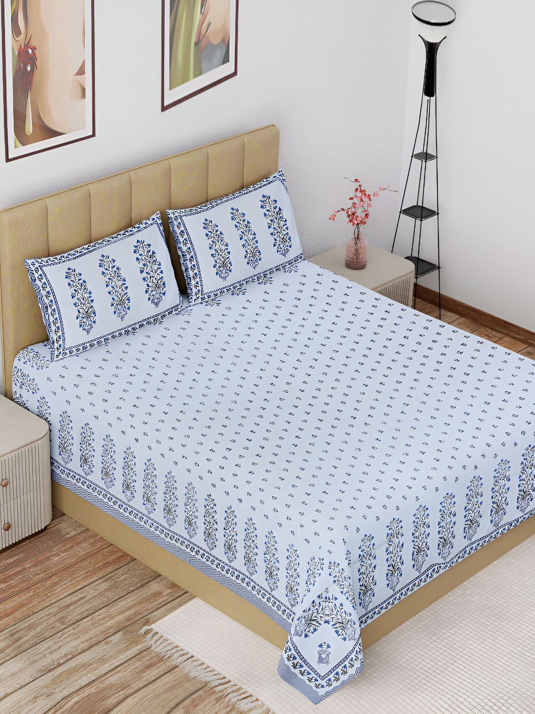 

The Craft Monk White & Blue Cotton 180 TC King Bedsheet with 2 Pillow Covers