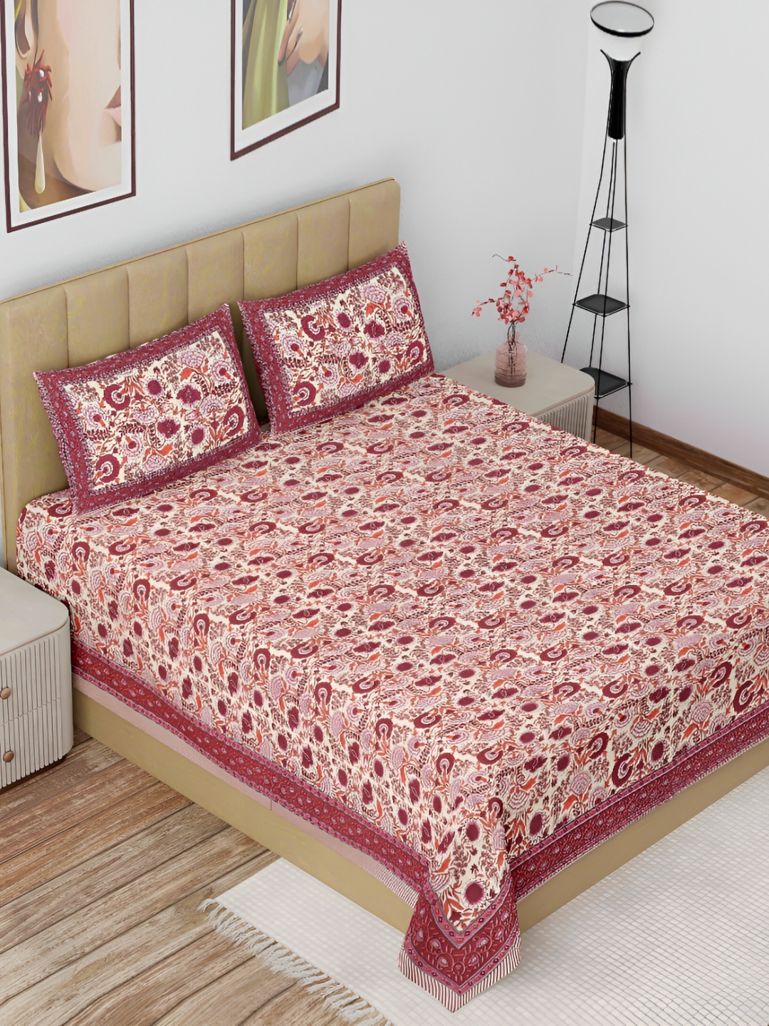 

The Craft Monk Pink & Maroon Cotton 180 TC King Bedsheet with 2 Pillow Covers
