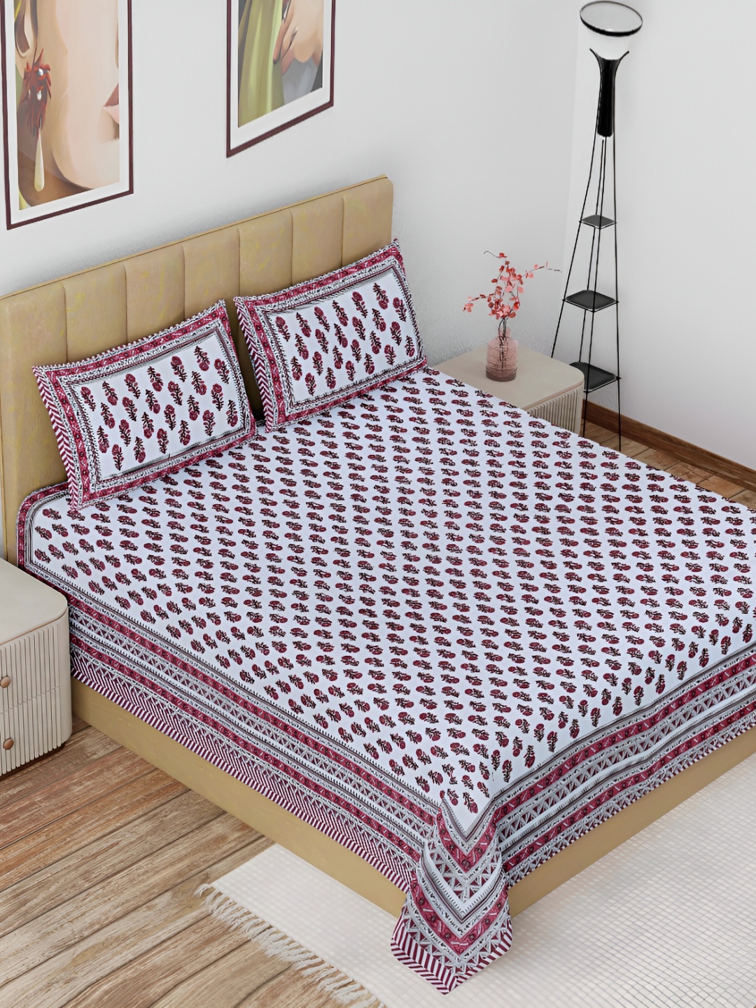 

The Craft Monk White Ethnic Motifs Cotton 180 TC King Bedsheet with 2 Pillow Covers