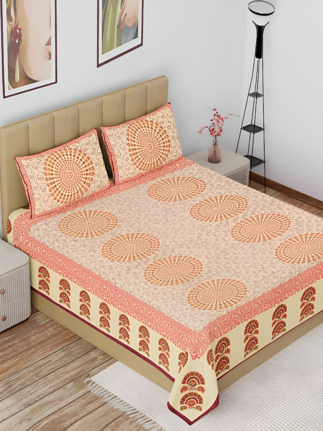 

The Craft Monk Beige & Orange Floral Cotton 180 TC King Bedsheet with 2 Pillow Covers