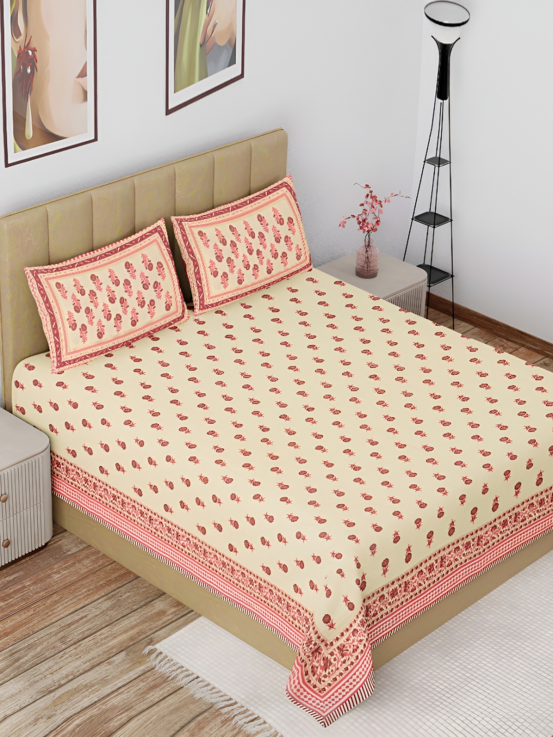 

The Craft Monk Beige & Pink Ethnic Motifs Cotton 180 TC King Bedsheet with 2 Pillow Covers