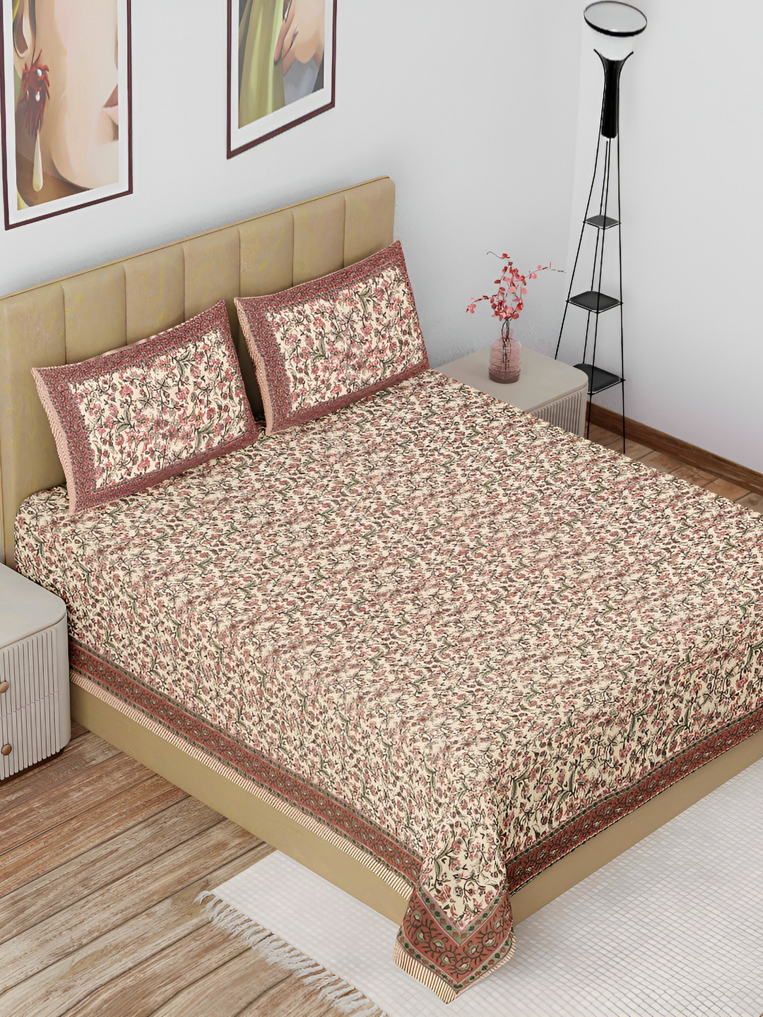

The Craft Monk Brown & Green Floral Cotton 180 TC King Bedsheet with 2 Pillow Covers