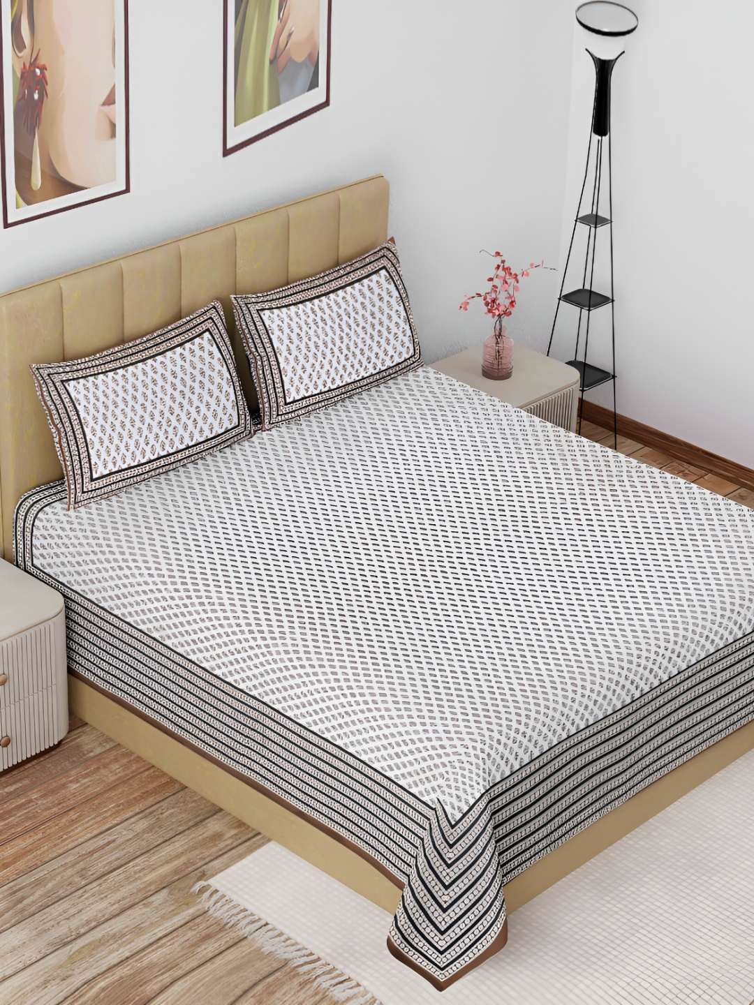 

The Craft Monk White & Brown Cotton 180 TC King Bedsheet with 2 Pillow Covers
