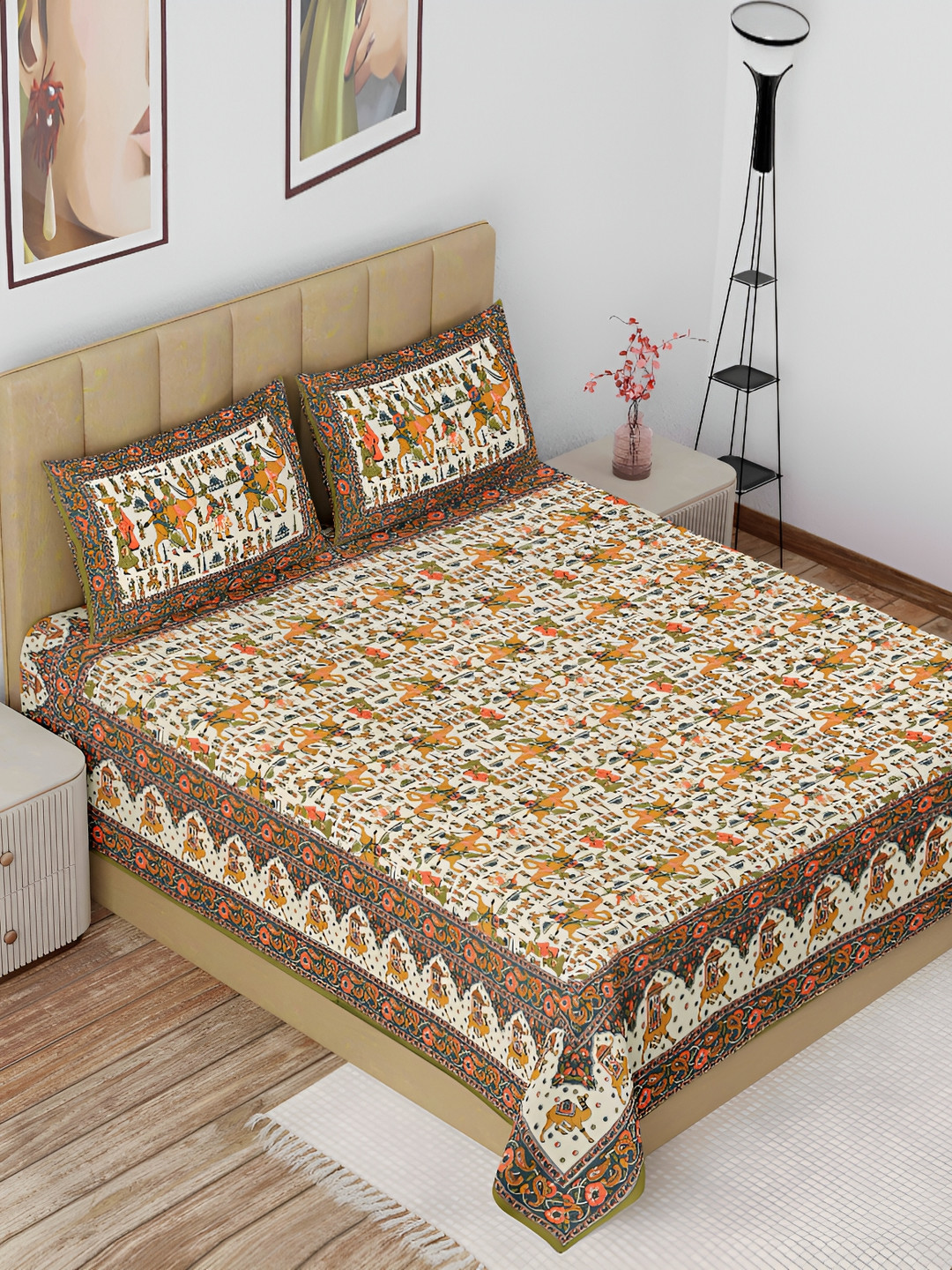 

The Craft Monk Cream & Green Cotton 180 TC King Bedsheet with 2 Pillow Covers