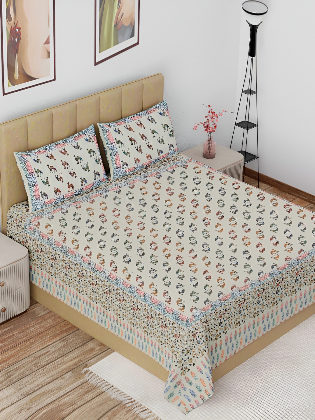 

The Craft Monk White & Orange Cotton 180 TC King Bedsheet with 2 Pillow Covers