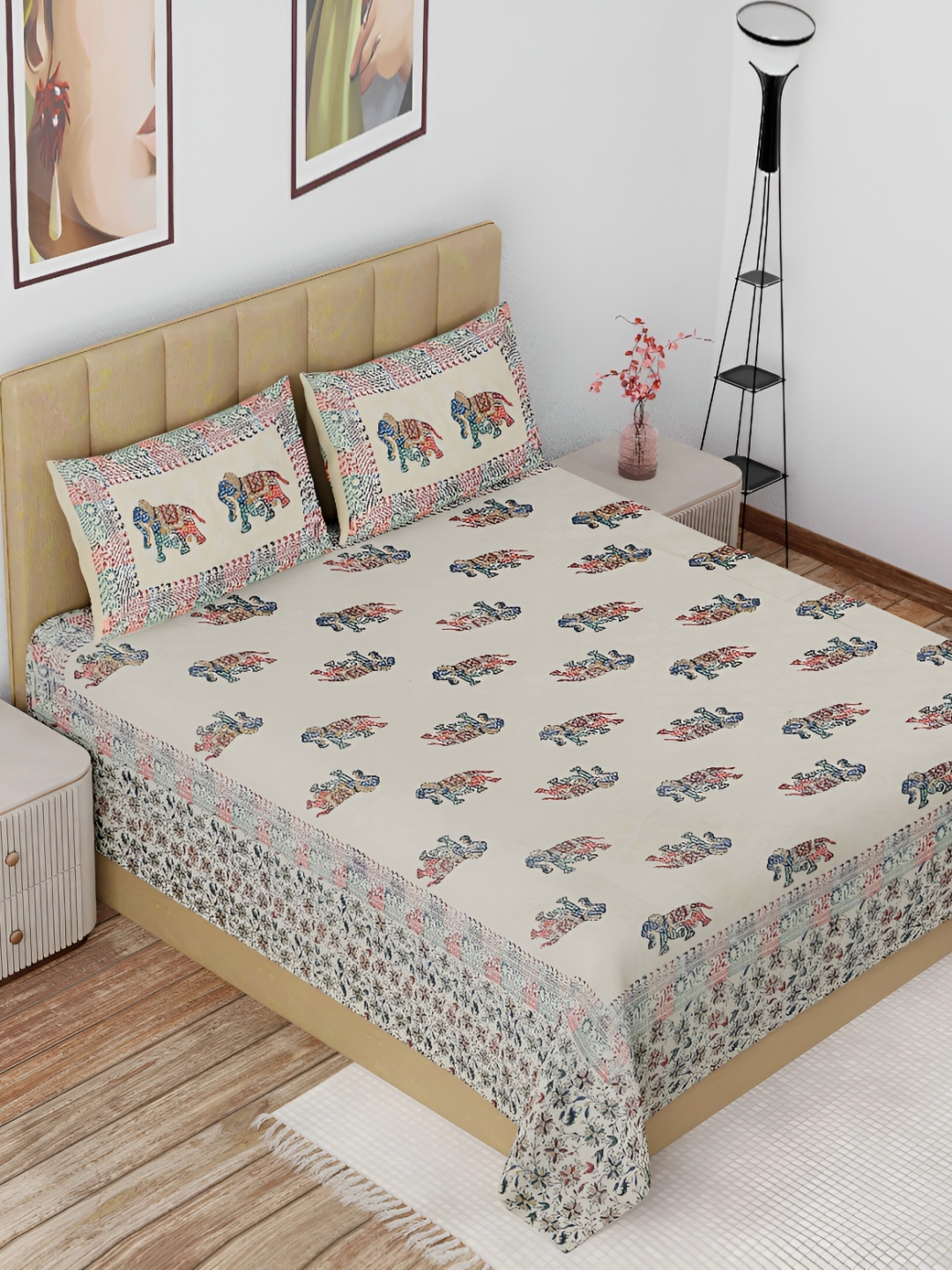 

The Craft Monk Beige & Green Cotton 180 TC King Bedsheet with 2 Pillow Covers
