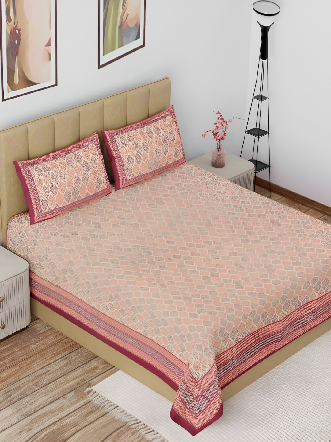 

The Craft Monk Beige & Red Cotton 180 TC King Bedsheet with 2 Pillow Covers