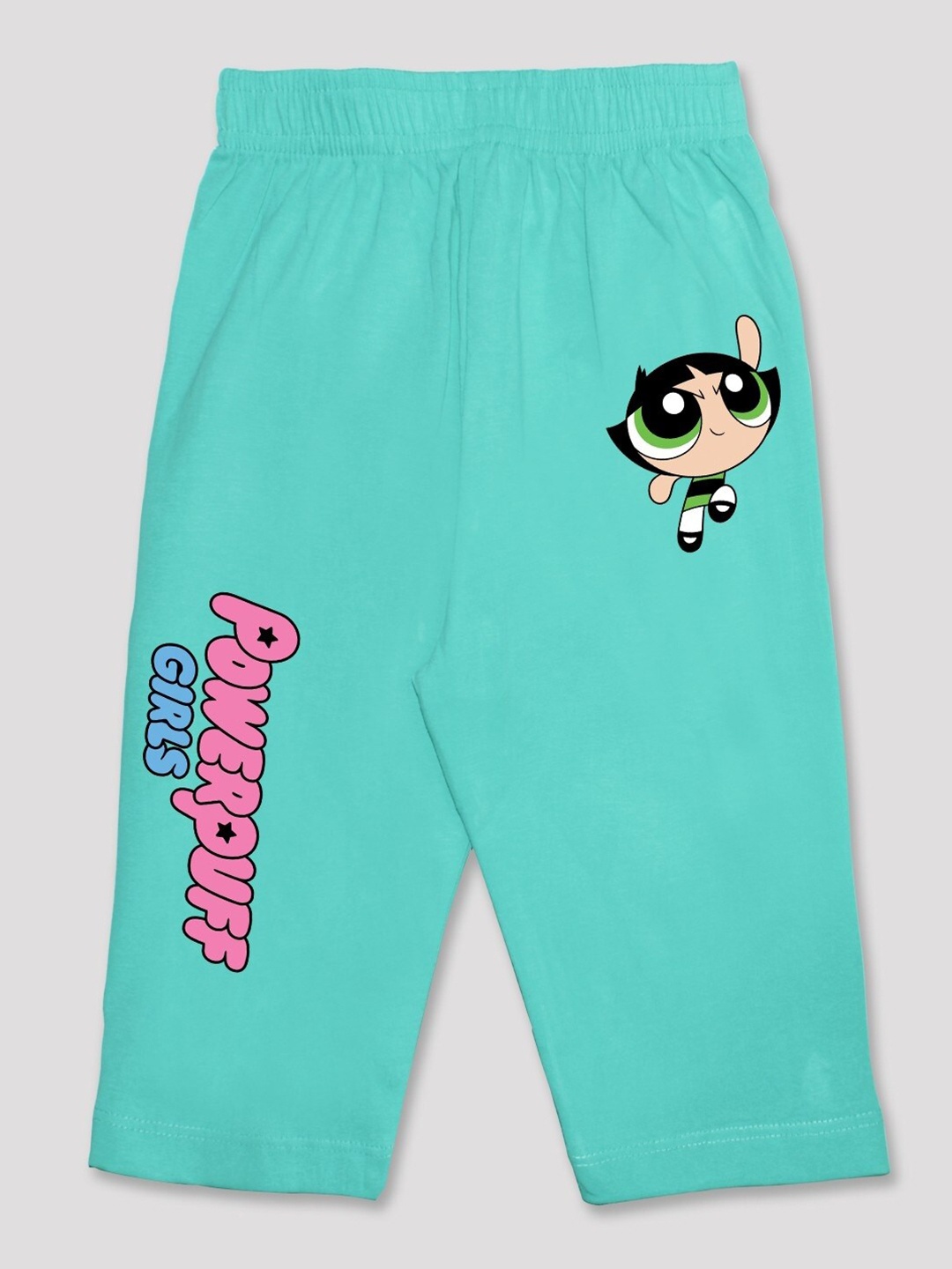 

Minute Mirth Girls Powerpuff Girls Printed Pure Cotton Capris, Sea green