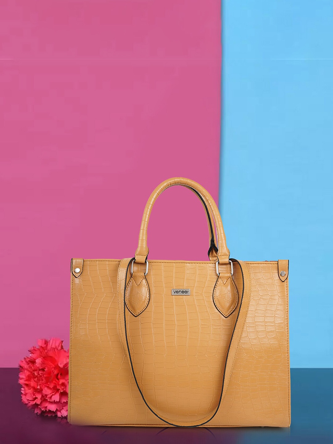 

Veneer Textured Structured Vegan Leather Tote Handbag, Mustard