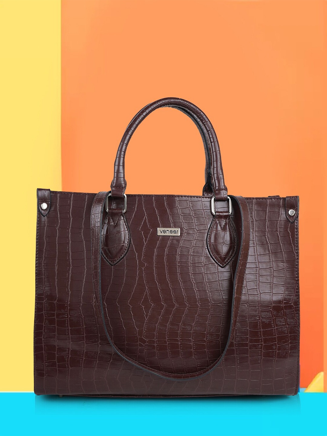 

Veneer Textured Structured Vegan Leather Tote Handbag, Brown