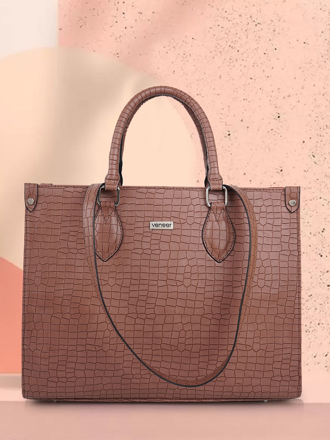 

Veneer Textured Structured Vegan Leather Tote Handbag, Beige