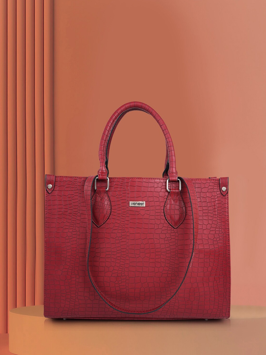 

Veneer Textured Structured Vegan Leather Tote Handbag, Maroon