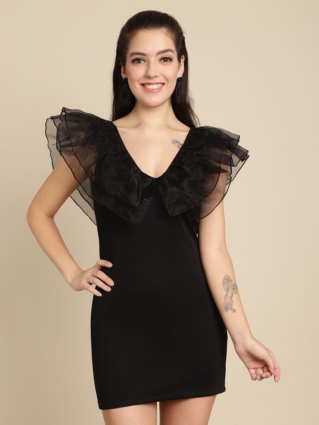 

BLANC9 Ruffles Organza Bodycon Mini Dress, Black