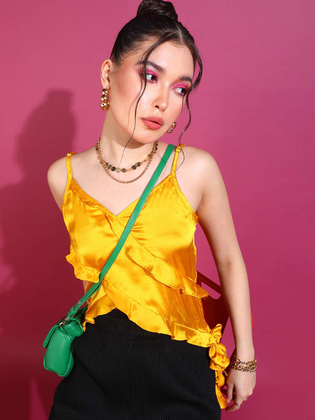 

Oomph! Shoulder Strapped Ruffled Satin Cropped High-Low Top, Yellow