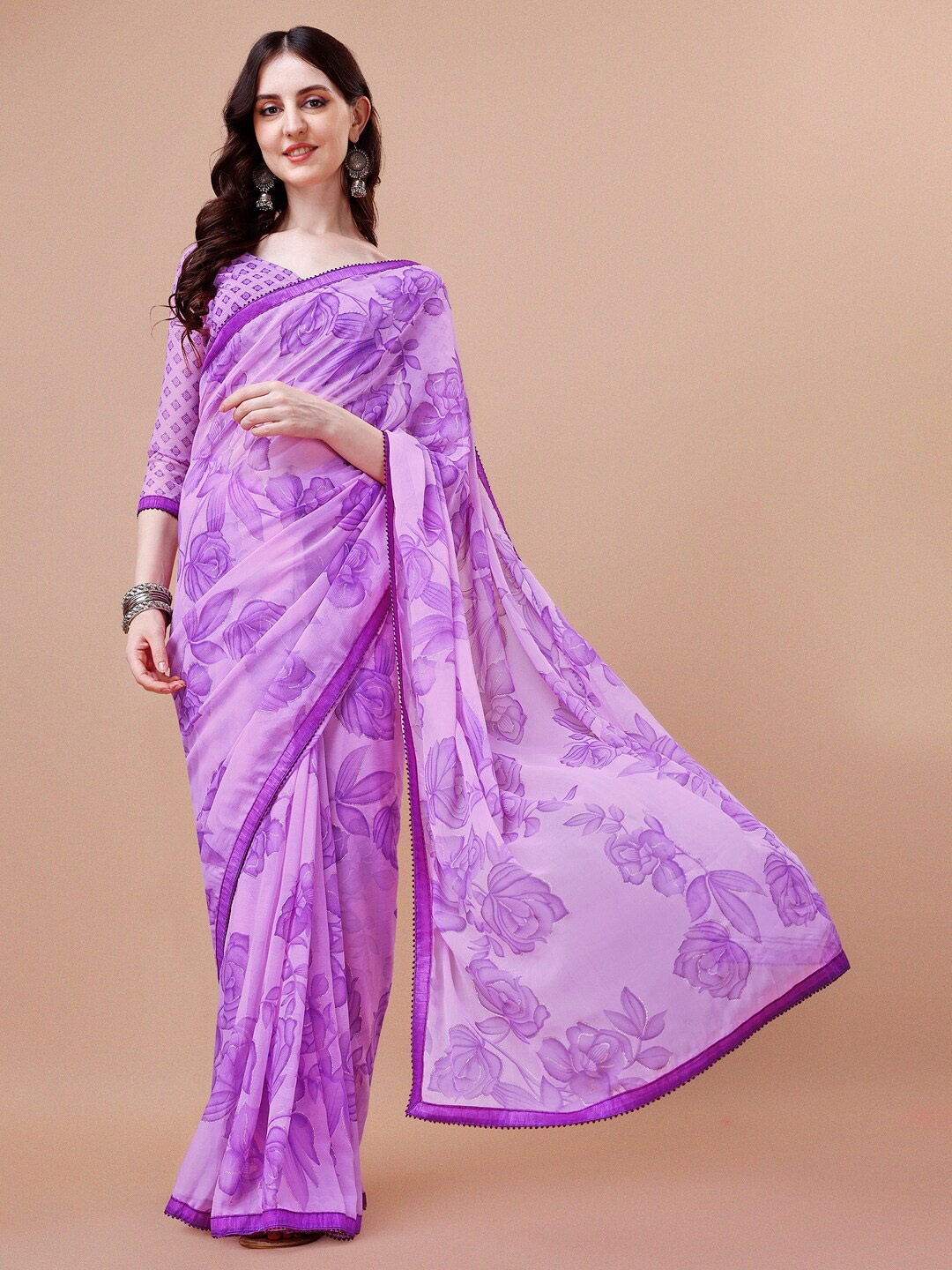 

Sangria Purple Floral Printed Pure Chiffon Saree