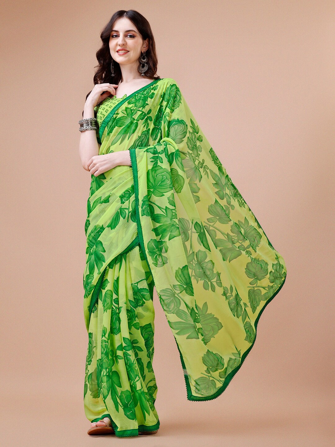 

Sangria Green Floral Printed Pure Chiffon Saree