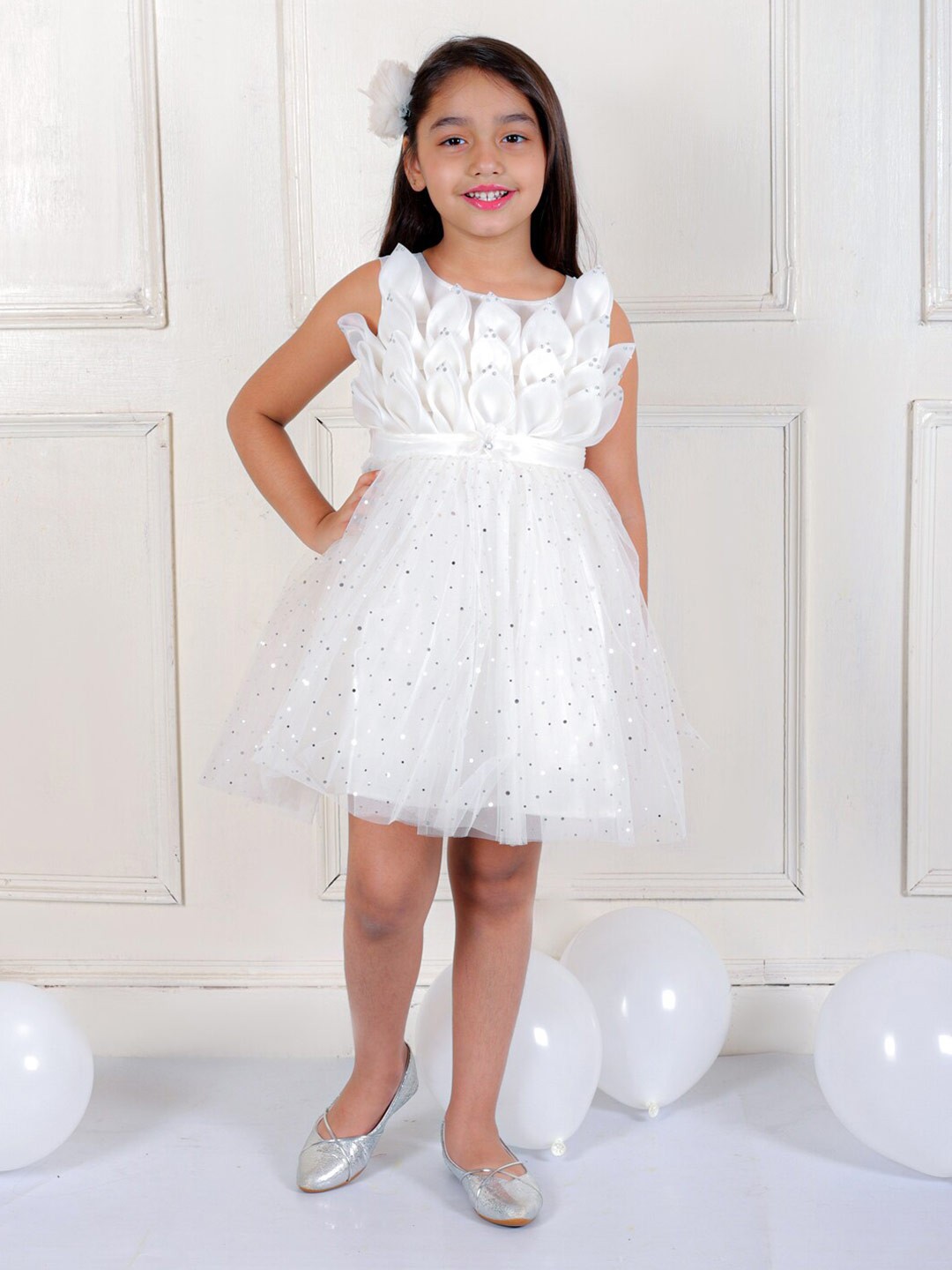 

Ka-mee Girls Embellished Gathered Net Fit & Flare Dress, White