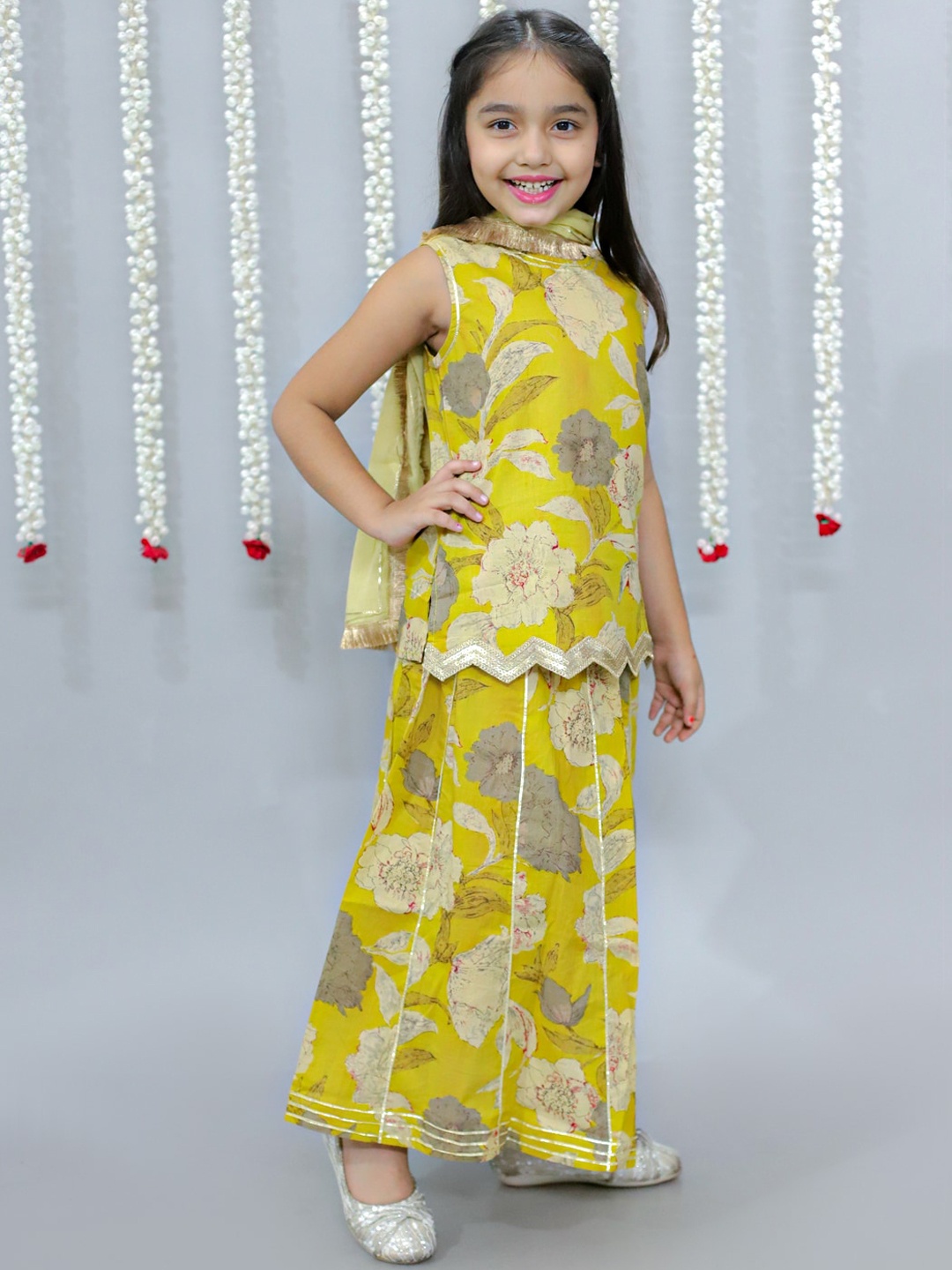 

Ka-mee Girls Floral Printed Gotta Patti Pure Cotton Kurti With Skirt & Dupatta, Mustard