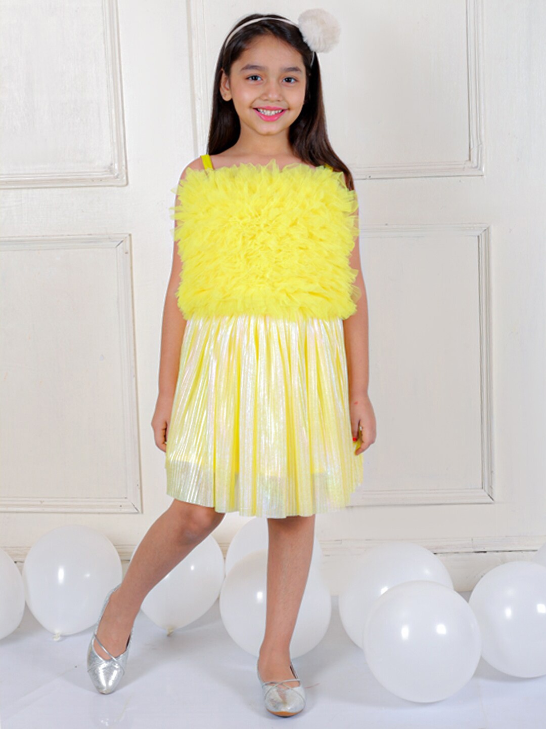 

Ka-mee Girls Embellished Shoulder Straps Gathered Net Fit & Flare Dress, Yellow