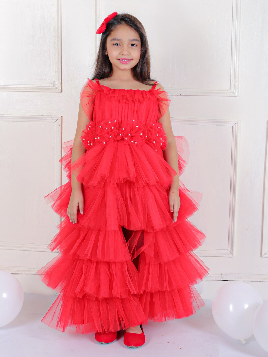 

Ka-mee Girls Embellished Flutter Sleeves Layered Net Fit & Flare Dress, Red