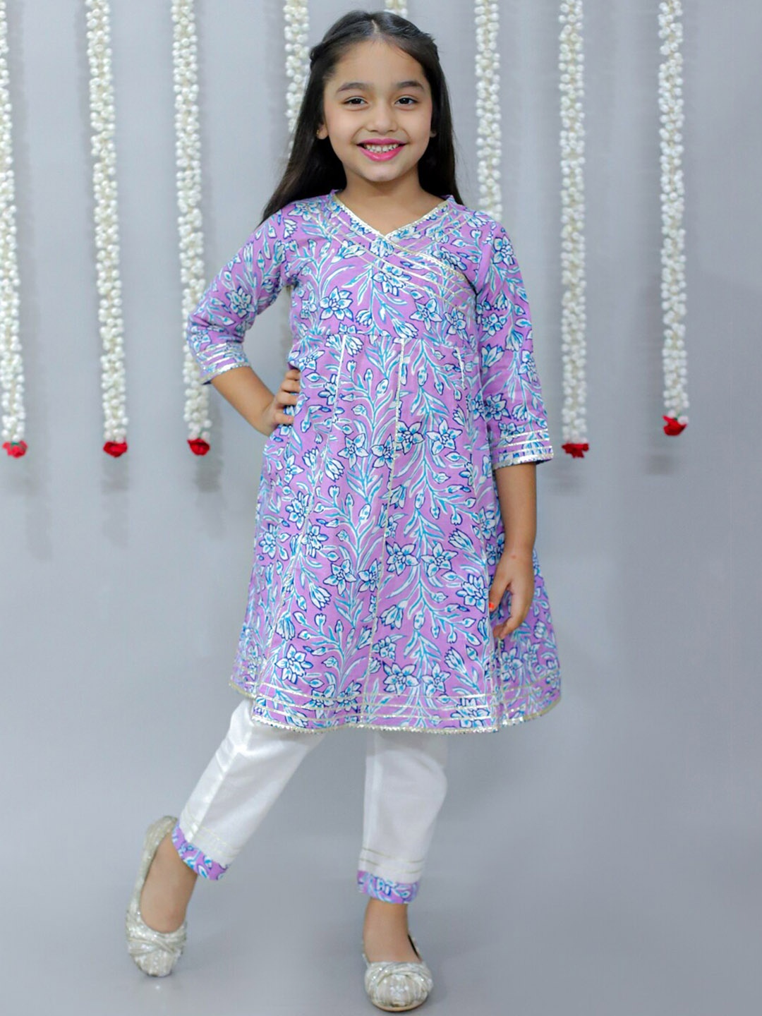 

Ka-mee Girls Floral Printed Gotta Patti Angrakha Pure Cotton Kurti With Trousers, Purple