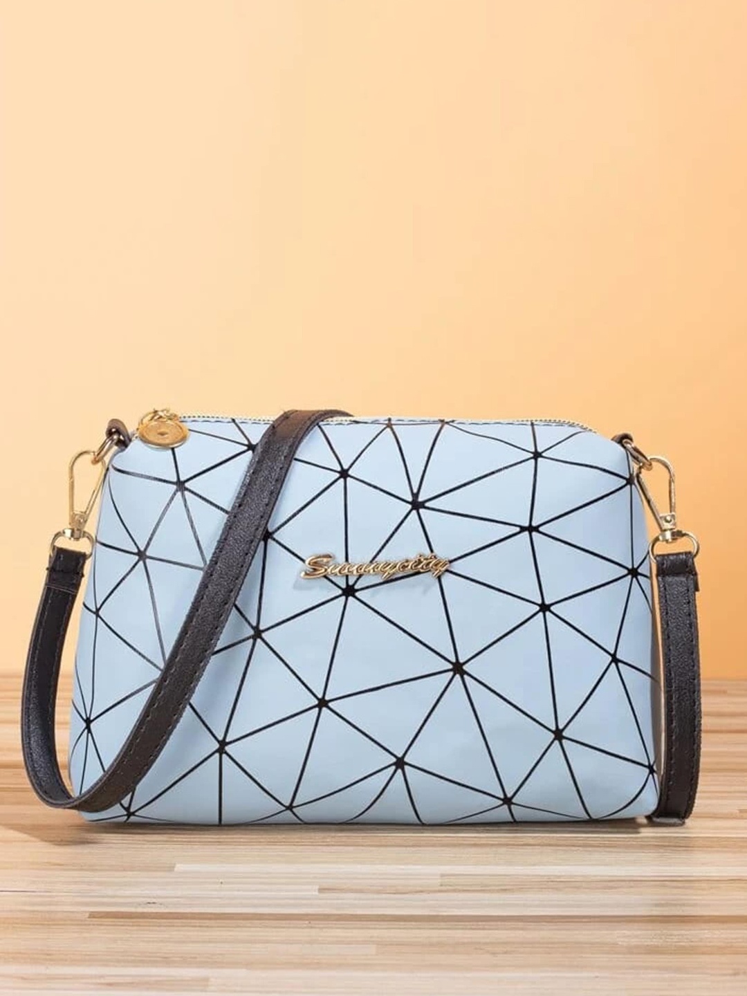 

LIKE STYLE Geometric Printed Structured Sling Bag, Blue