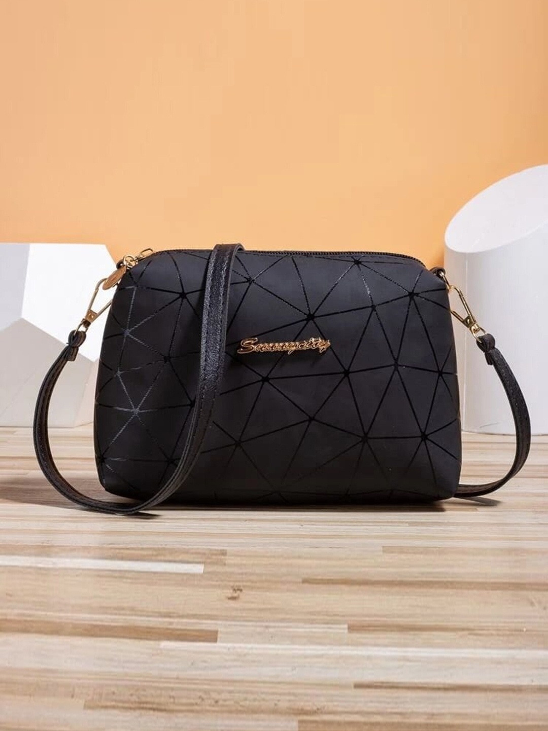 

LIKE STYLE Geometric Printed Structured Sling Bag, Black