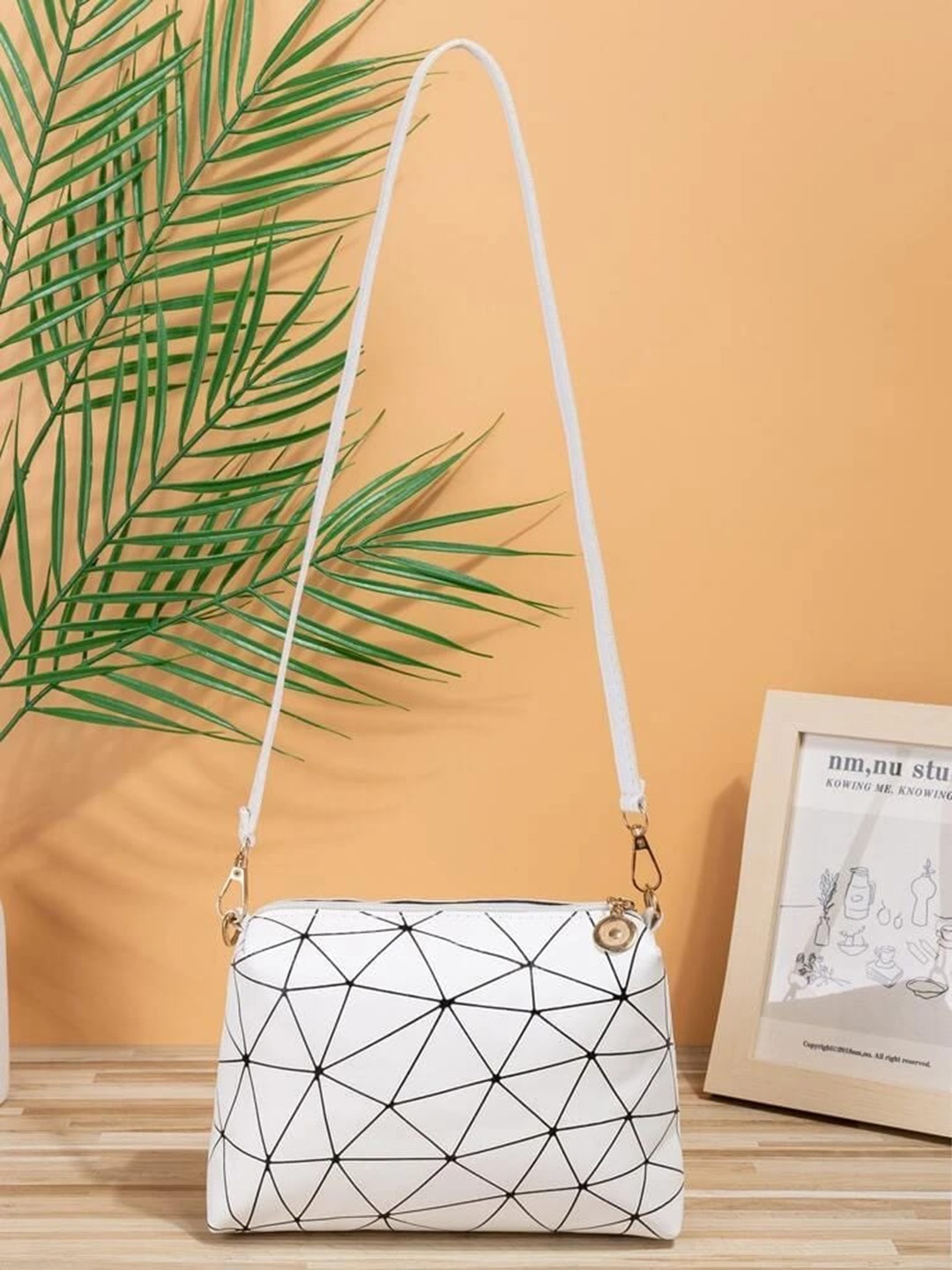 

LIKE STYLE Geometric Printed Structured Sling Bag, White