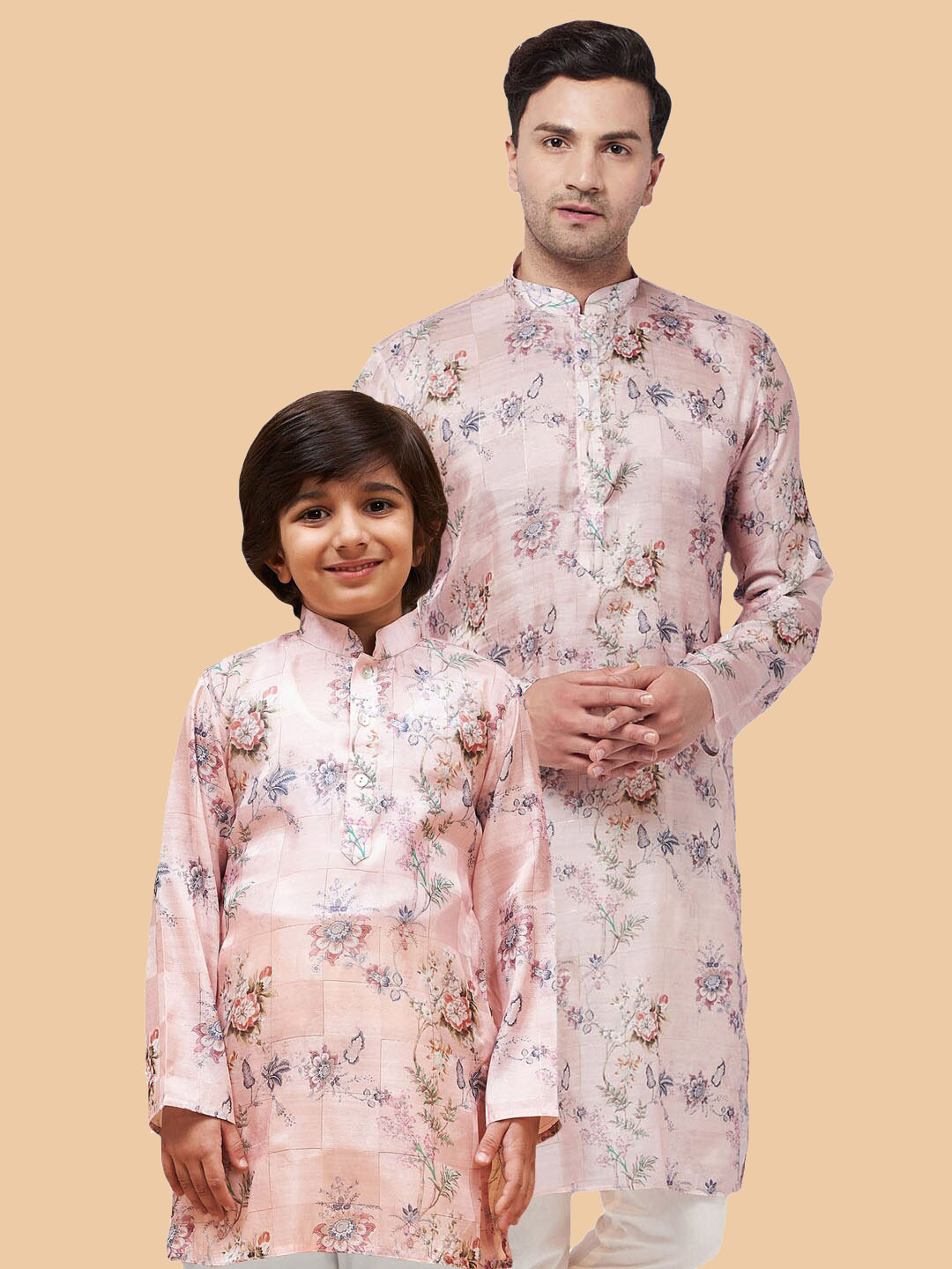 

VASTRAMAY Boys Floral Printed Mandarin Collar Kurta, Pink