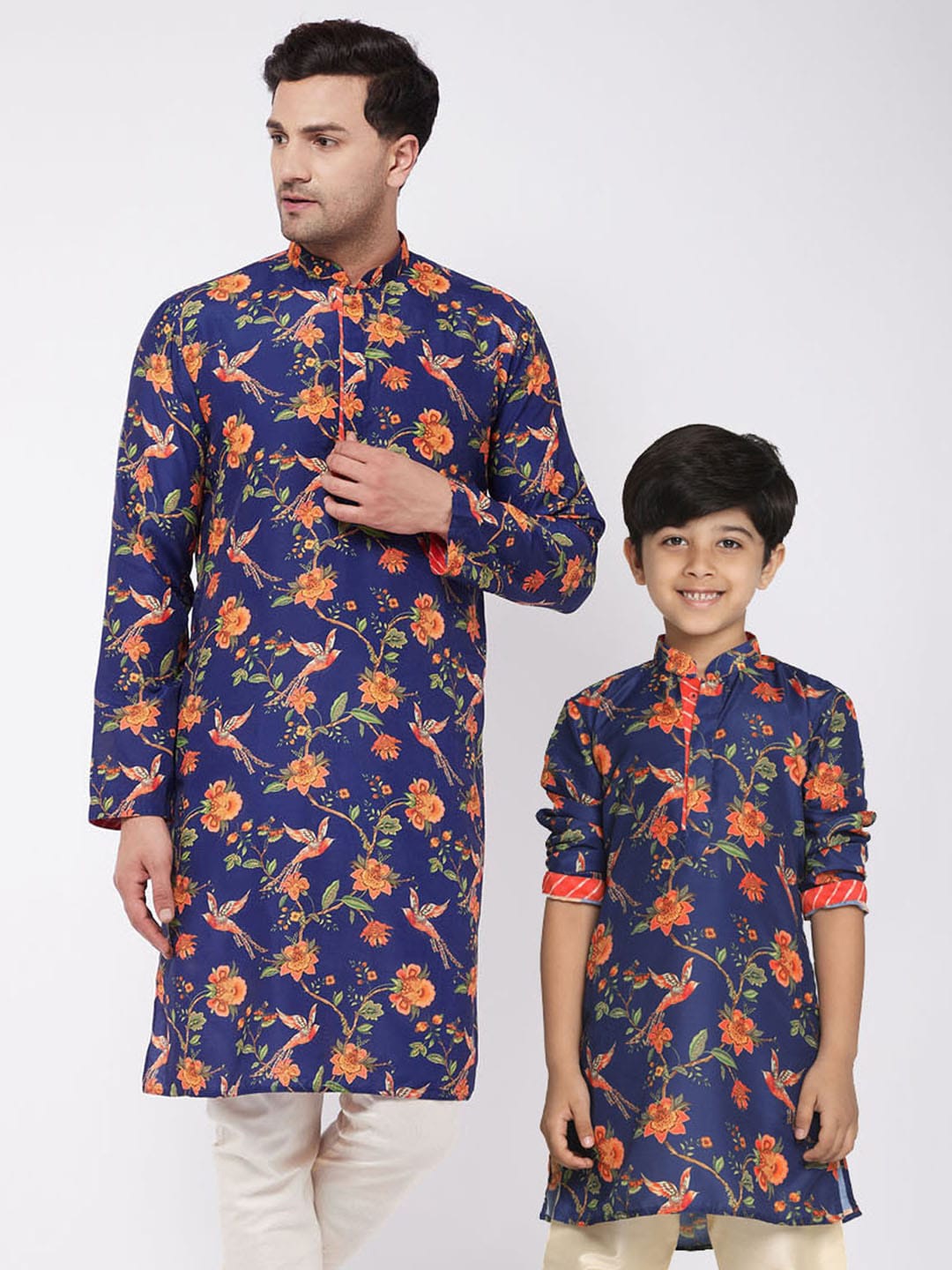 

VASTRAMAY Boys Floral Printed Mandarin Collar Straight Kurta, Navy blue