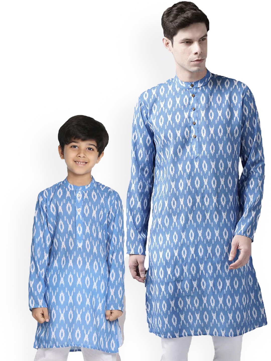 

VASTRAMAY Blue Boys Ikat Printed Mandarin Collar Kurta