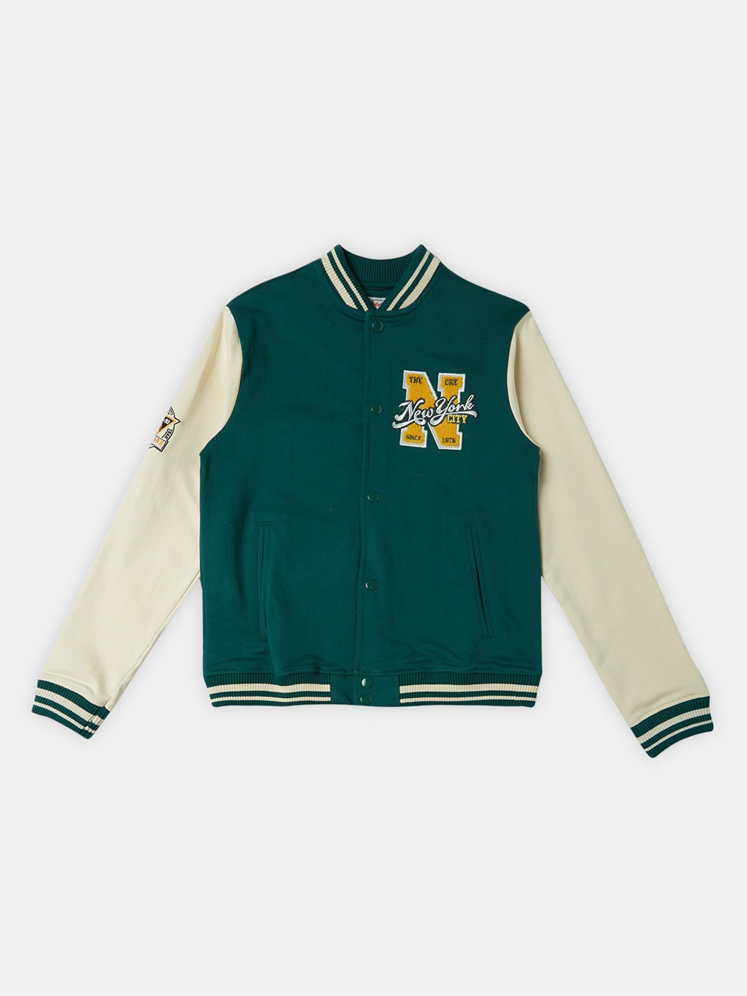 

R&B Boys Typography Printed Mock Collar Varsity Jacket, Green