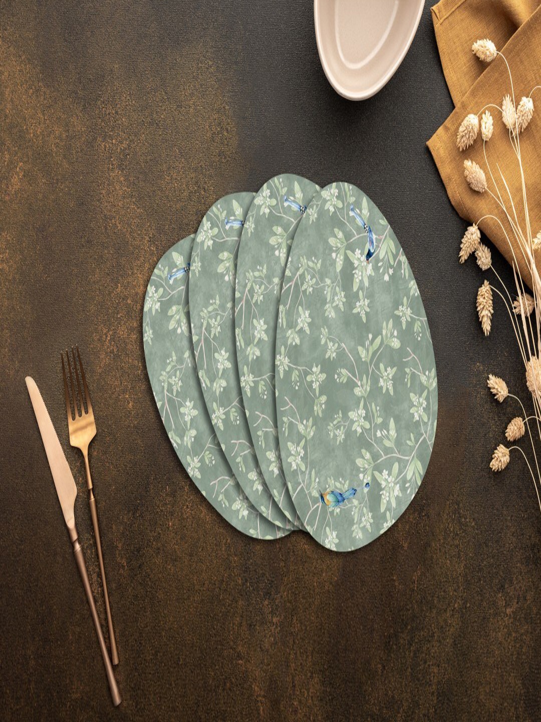 

SPACE OF JOY 4 Pcs Green Floral Printed Oval Table Placemats