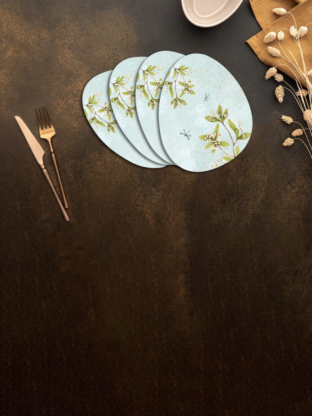 

SPACE OF JOY 4 Pcs Blue Floral Oval Table Placemats