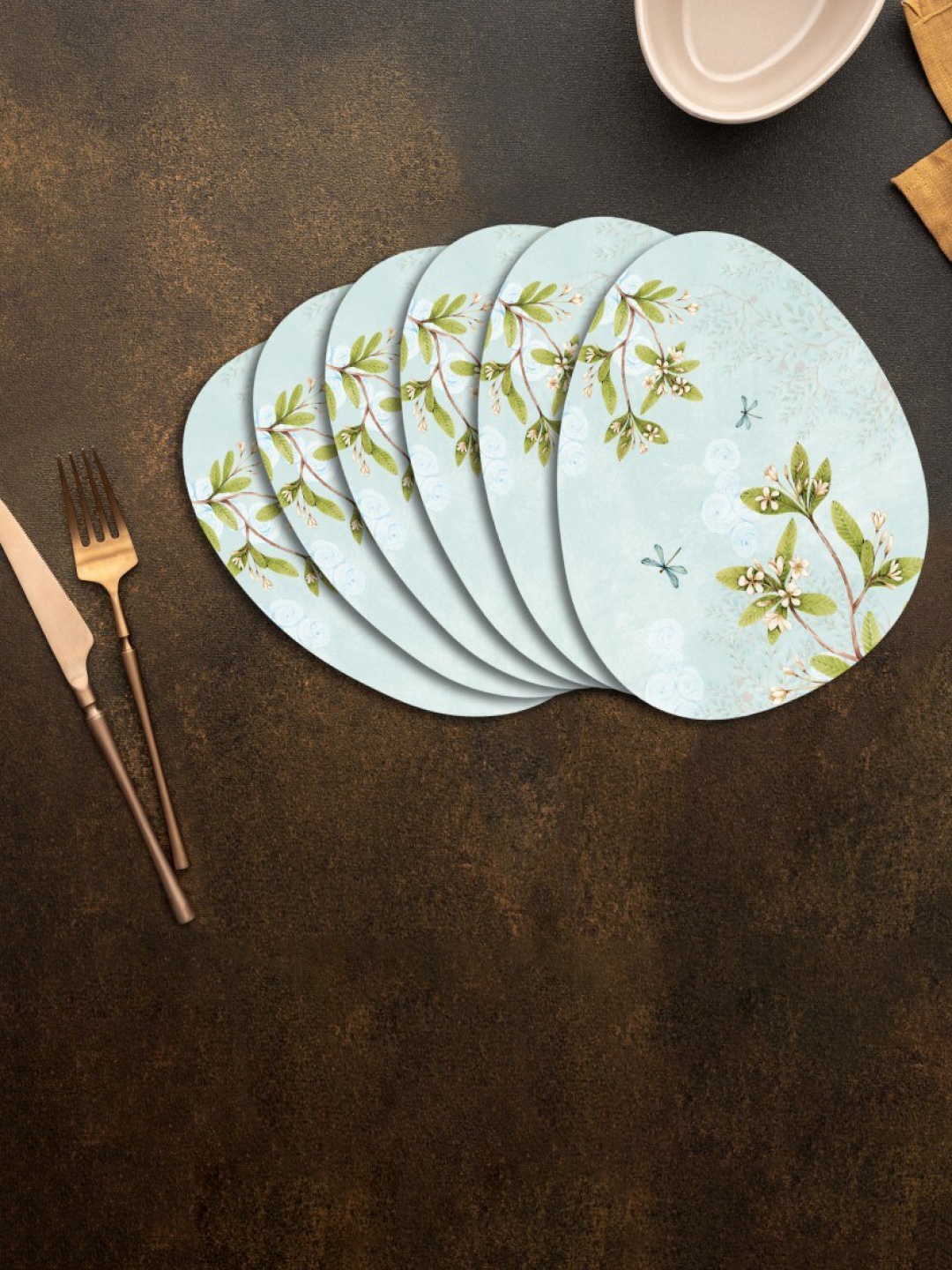 

SPACE OF JOY 6 Pcs Blue & Green Floral Oval Table Placemats